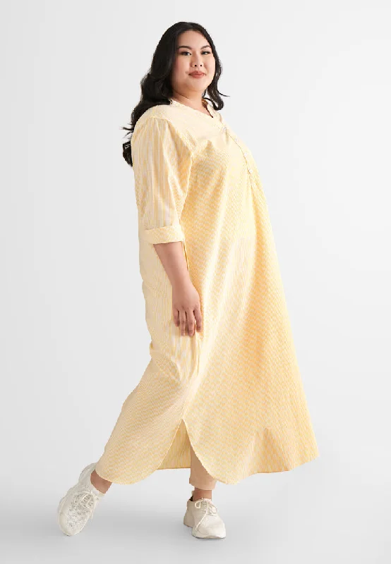 Casual Women's Clothing Online Laura Stripes Long Shirt Jubah Dress - Yellow