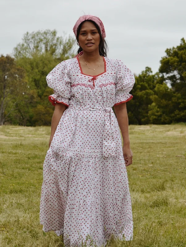 Women Online Clothing Boutiques 100% RECYCLED COTTON - MORNING SONG HAND SMOCKED TIERED DRESS - STRAWBERRY EMBROIDERED COTTON