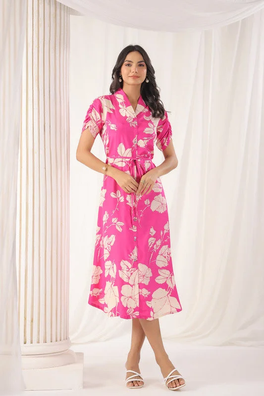 Flash Sale Clothing Pink Bloom Belted Russian Silk Dress