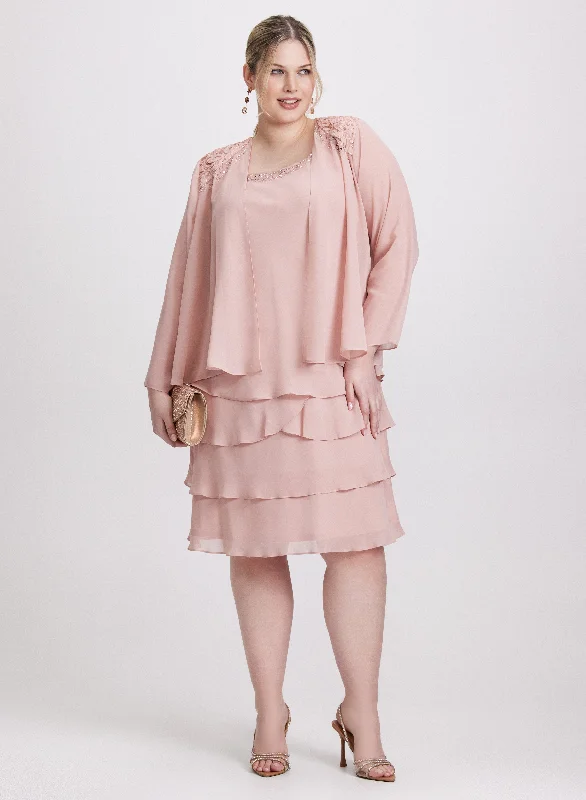 Women's Activewear Garments Chiffon Tiered Dress & Jacket Set