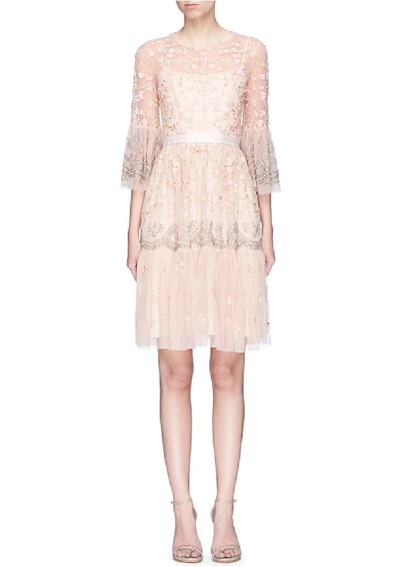 Casual Chic Clothing Nude Climbing Blossom Floral Embellished Dress