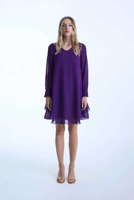 Timeless Women's Apparel Long Sleeve Purple Wave Hem Dress