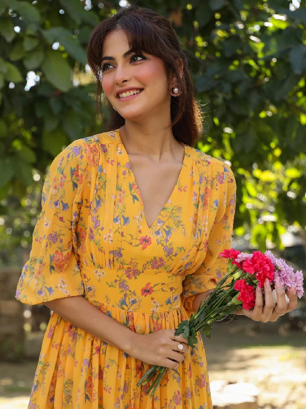 Women's Seasonal Fashion Trends Mustard Georgette Floral Printed Gathered Dress