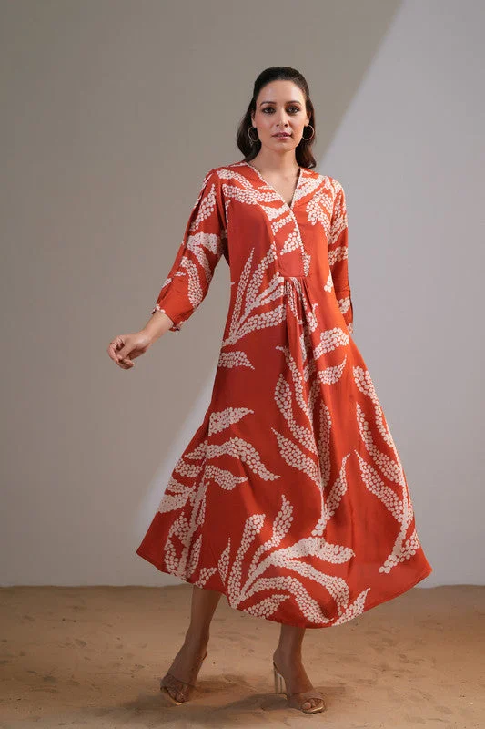Classic Women's Clothing Styles Rust Horizon Flared Russian Silk Dress