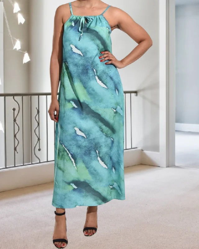 Women's High-Fashion Garments Green And Blue Strappy Maxi Tie Dress