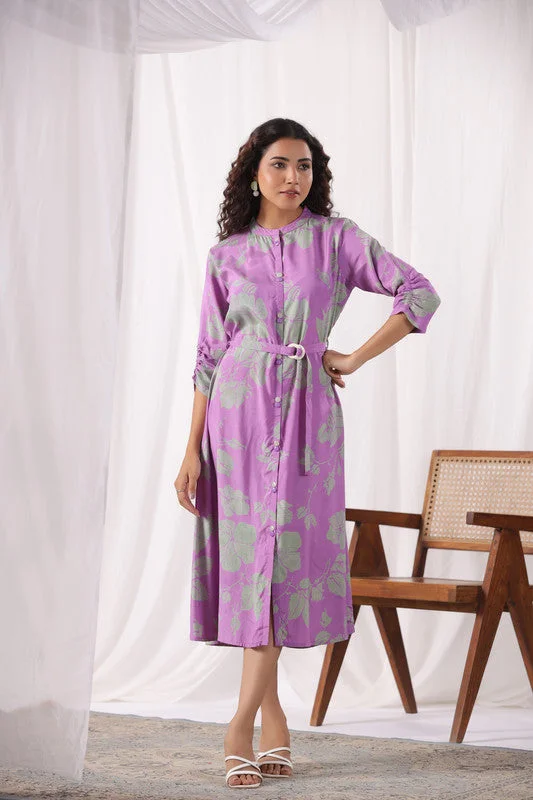 Spring Fashion Lavender Leaf Belted Russian Silk Dress