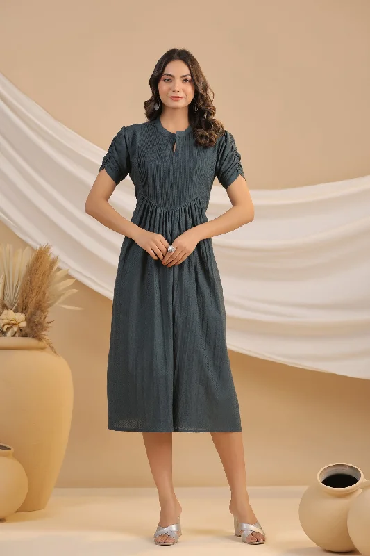 Trend Setting Wardrobe Greige Cotton Flex Pintuck Dress