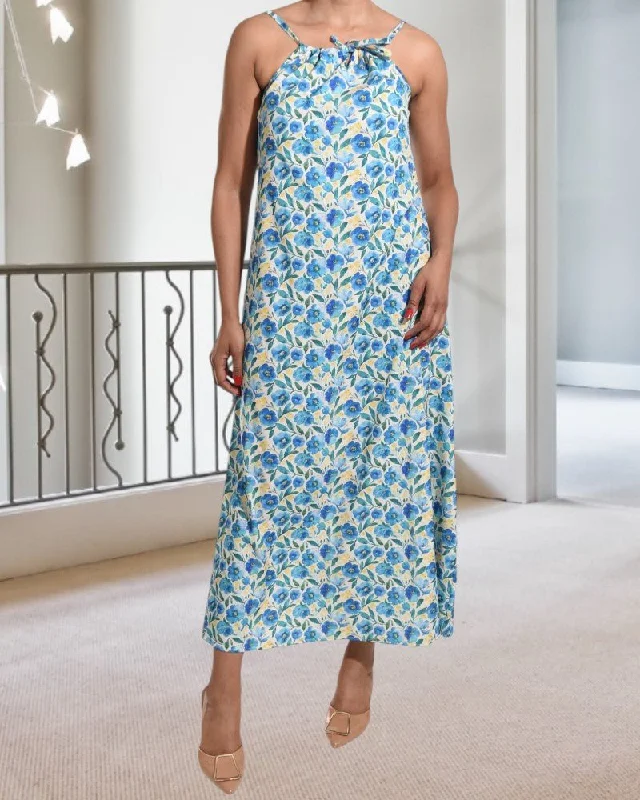 Stylish Women's Apparel Blue Floral Strappy Maxi Tie  Dress .
