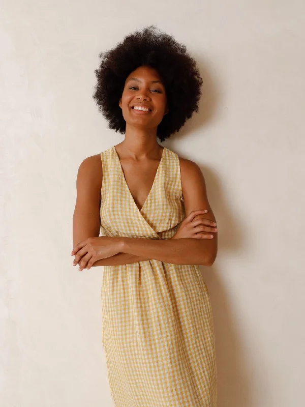 Trend Setting Wardrobe CROSS OVER LINEN DRESS - YELLOW CHECK