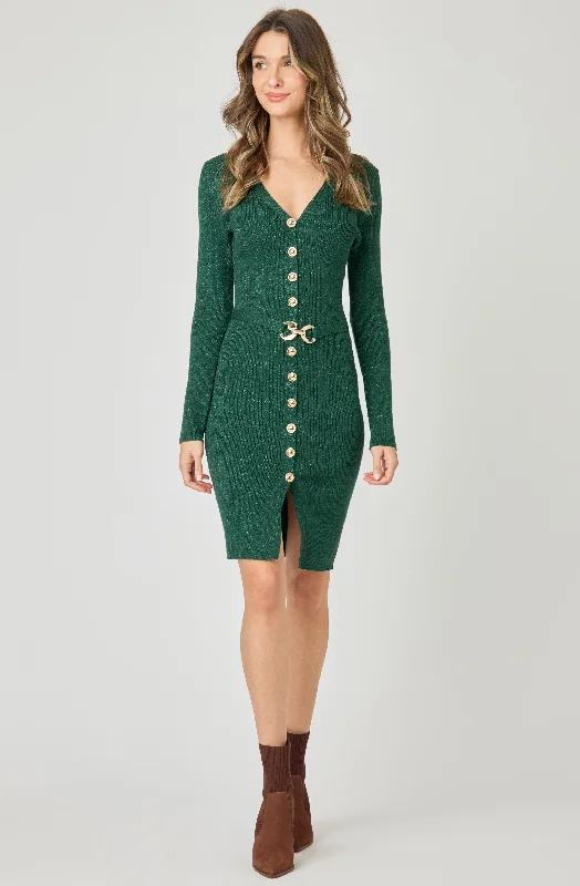 Affordable Women's Apparel Belted Knit Lurex Dress with Gold Buttons