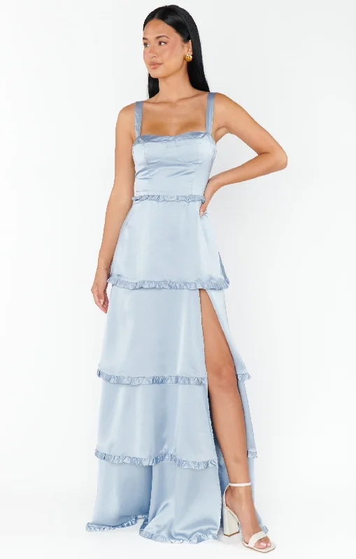 Summer Fashion Lady Corset Dress ~ Steel Blue Luxe Satin