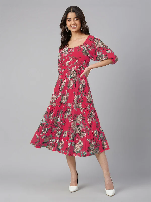 Online Boutique Clothing Pink Georgette Floral Printed Tiered Dress