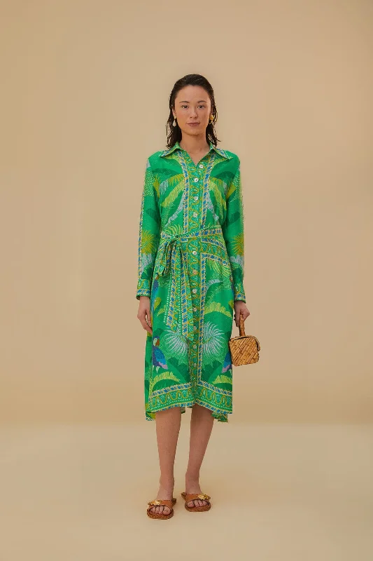 Vintage Elegance Green  Macaw Scarf Lenzing™ Ecovero™ Viscose Chemise Dress