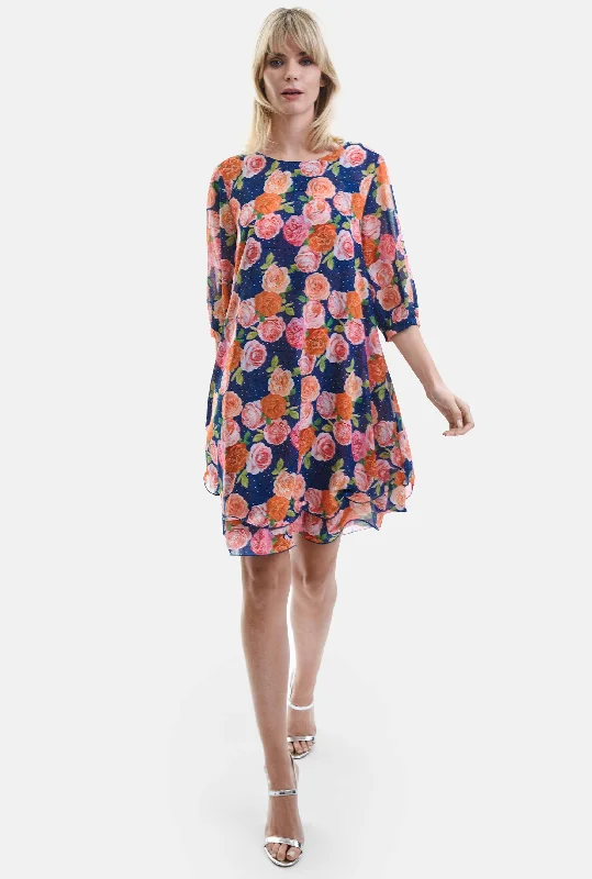 Additional Time-Limited Offers Rose Print Wave Hem Dress Navy