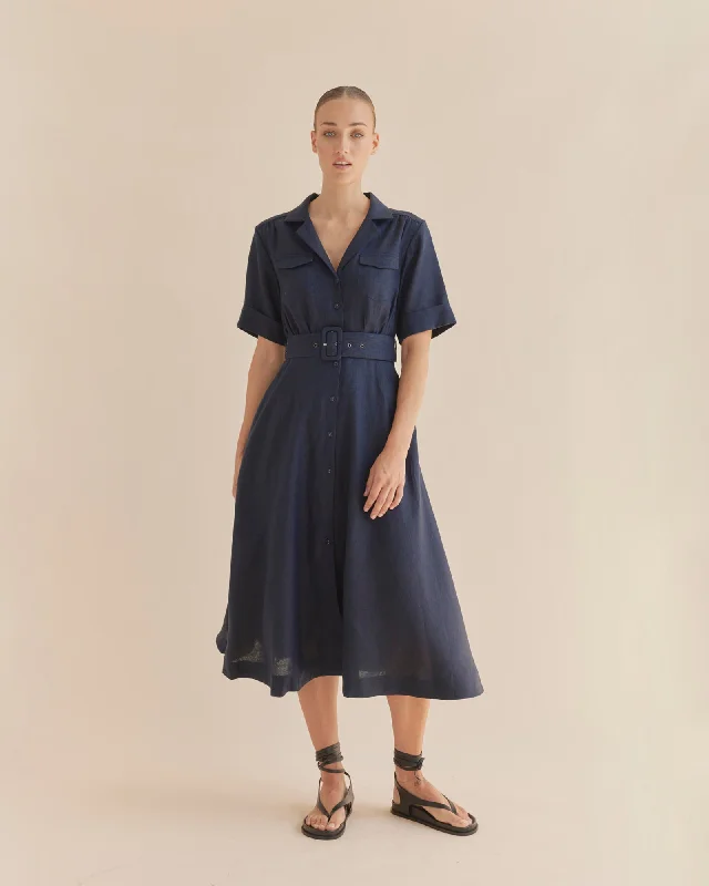 Street Style Fashion Cadence Linen Dress - Navy