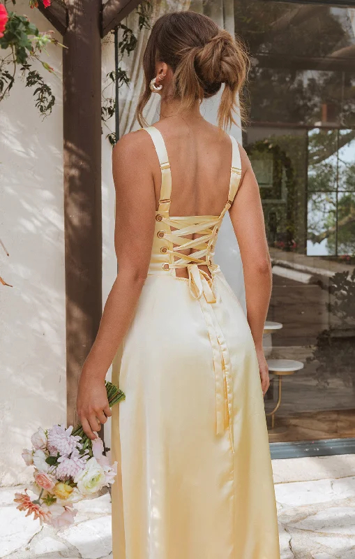 Season Offer Clarissa Corset Dress ~ Pale Yellow Luxe Satin
