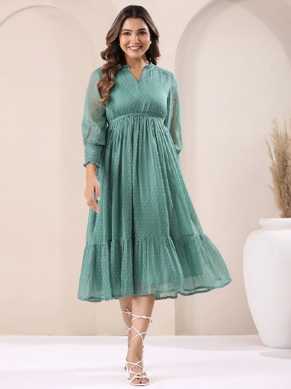 Comfortable Casual Women's Clothing Sage Green Dobby Chiffon Self Design Fit & Flare Dress