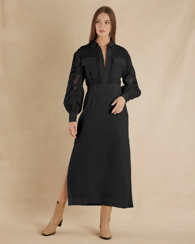 Chic Wardrobe Alice Linen Utility Dress - Black