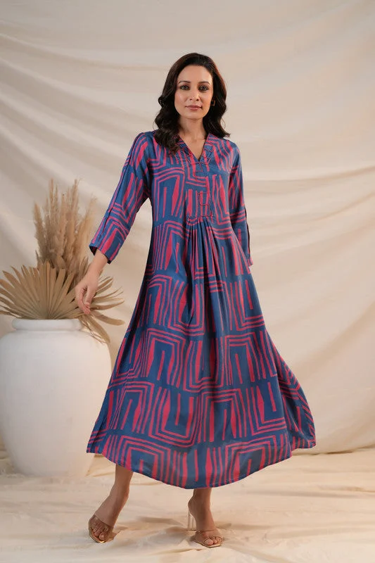Women's Activewear for Exercise and Sports Indigo Maze Flared Russian Silk Dress