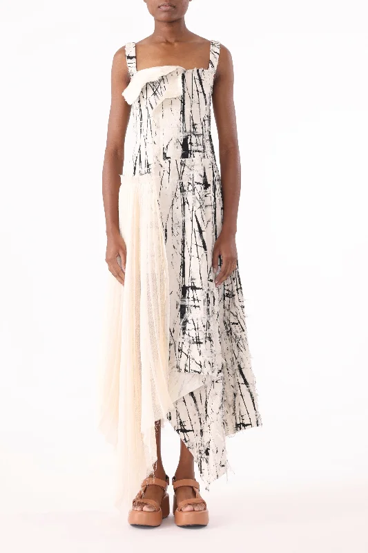 Clearance Sale BRUSHSTROKE FRAY JACQUARD ASYMETRICAL DRESS WITH PLEATED SKIRT