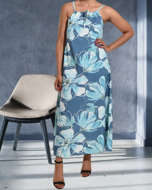 Elegant Women's Evening Garments Blue And Grey Strappy Maxi Tie  Dress