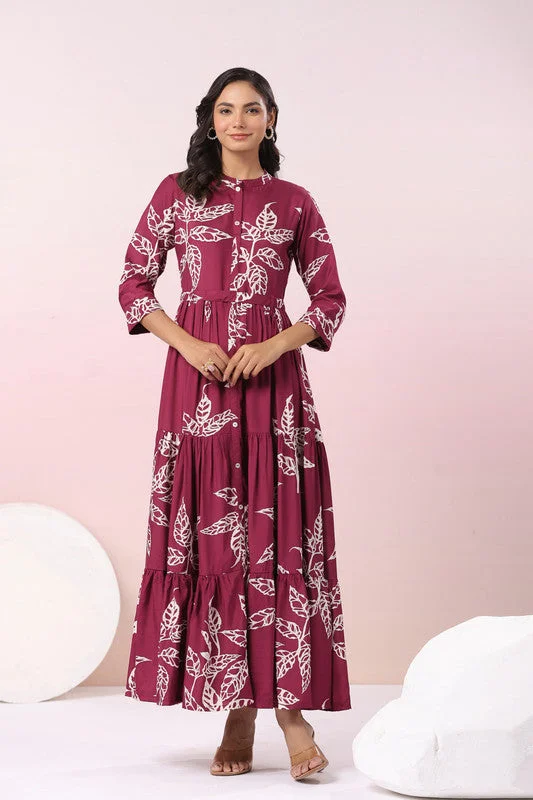 Fashion Forward Outfits Wine Leafy Grace A-Line Russian Silk Dress