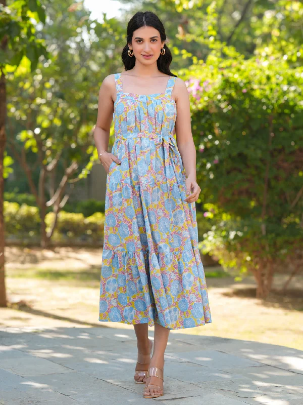 Women's Athletic Outfit Light Blue Pure Cotton Floral Tiered Dress