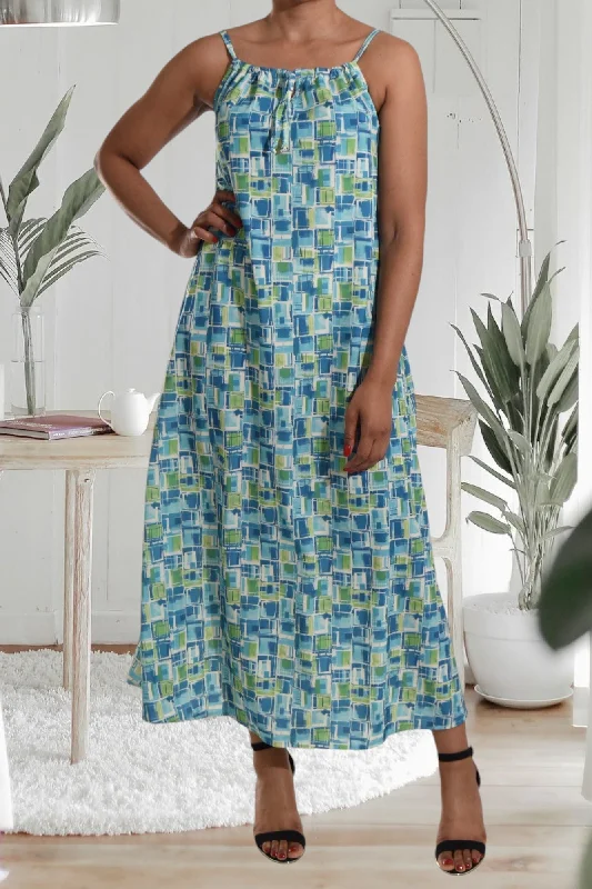 Women's Work Outfit Teal And Lime Strappy Maxi Tie Dress