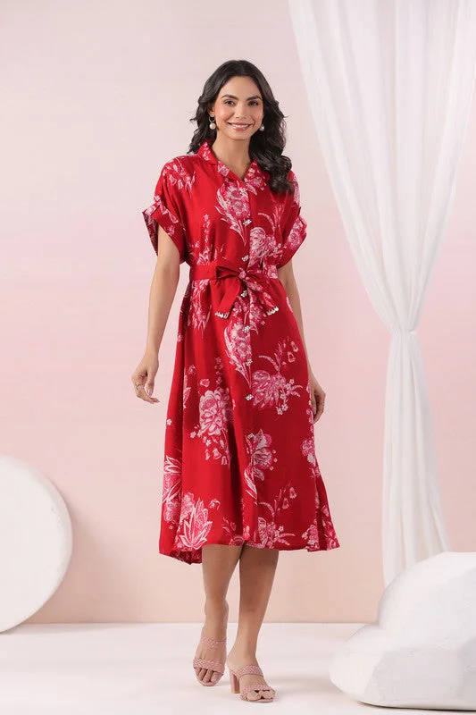 Affordable Women's Clothing Online Red Scarlet Bloom Belted Russian Silk Dress