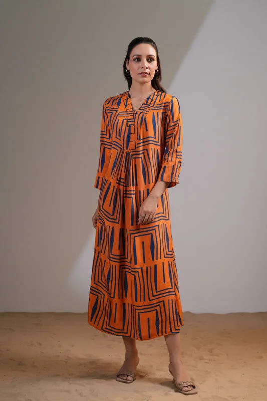 Women's Casual and Dressy Outfits Orange Blue Maze Russian Silk Dress