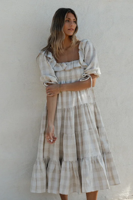 The Epitome Of Modern Women's Fashion Clea Dress in Natural Plaid - 100% Cotton & Bump Friendly