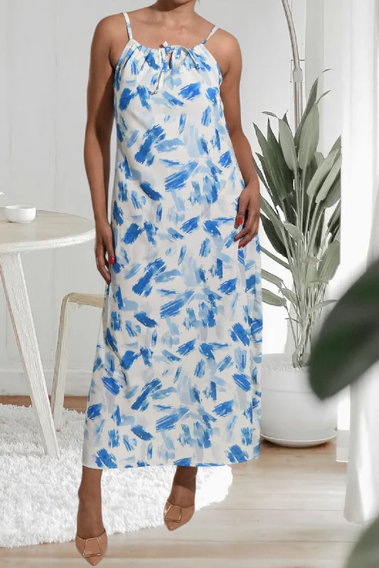 Women's Casual Attire Blue Printed Strappy Maxi Tie Dress