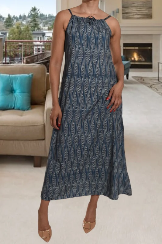 Sustainable Women's Clothing Printed Navy Grey Strappy Maxi Tie Dress