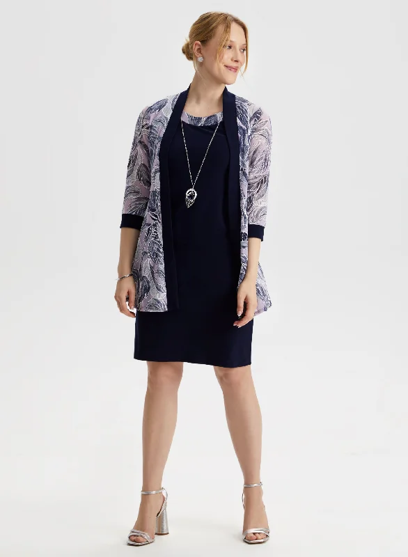 Women's Clothing Apparel Sets Feather Print Jacket, Dress & Necklace Set