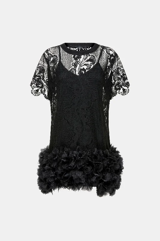Women's Formal Event Attire Black Bird Lace Dress