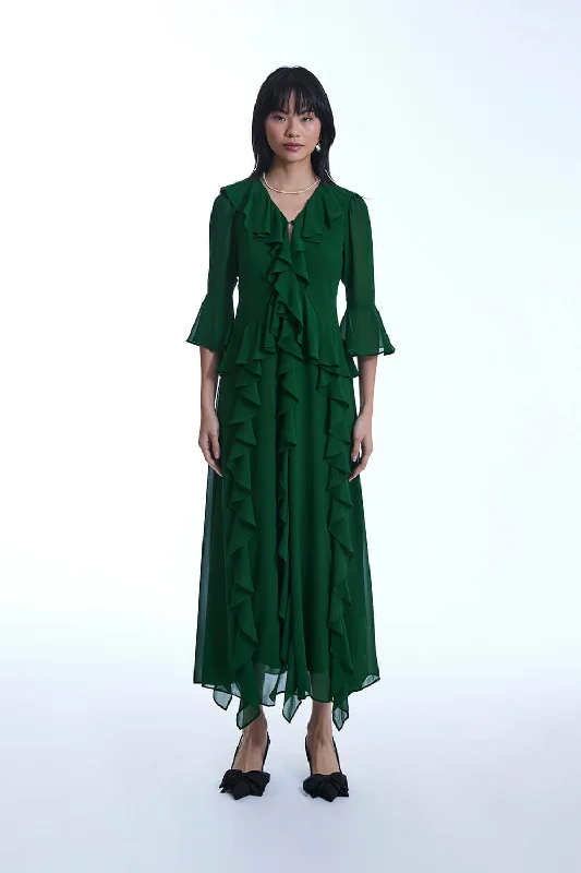 Affordable Women's Fashion V-Neck Ruffle Green Dress