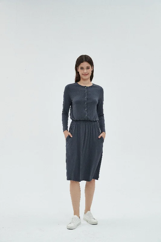 Shop Sales MM SMOCKED WAIST EVERYTHING DRESS LONG SLEEVES - CHARCOAL
