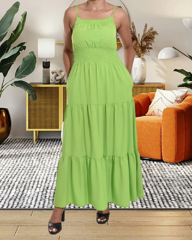 Comfortable Women's Clothing Lime Strappy Ruffle Pocket Dress
