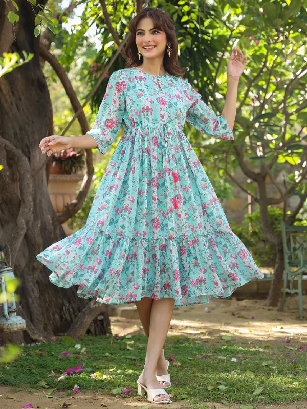 Best Deals Of The Season Turquoise Georgette Floral Printed Tiered Dress