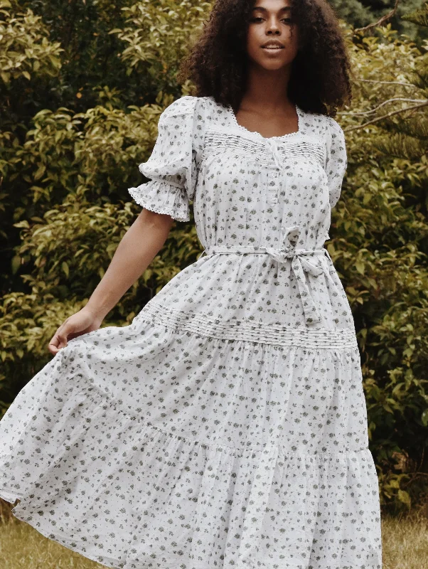 Chic Trends For The Fashion Savvy 100% RECYCLED COTTON - MORNING SONG HAND SMOCKED TIERED DRESS - GREEN ROSE FLORAL