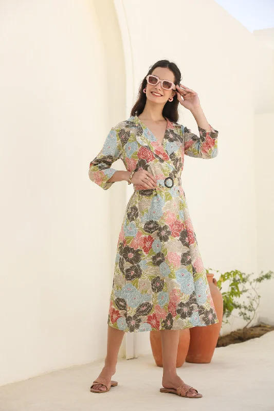 Trendy Fashion For Women Floral Cascade Belted Cotton Flex Dress