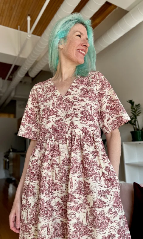 Feminine Elegant Citril Finch Dress - Brick Village Toile