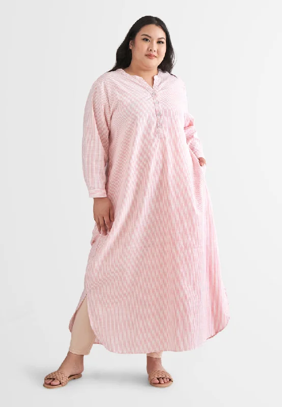 Comfy Women's Outfits for Daily Wear Laura Stripes Long Shirt Jubah Dress - Pink