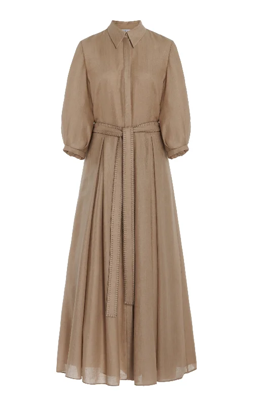 Sustainable Women's Clothing Andy Pleated Maxi Shirtdress in Khaki Virgin Wool Cashmere Sustainable Women's Clothing Andy Pleated Maxi Shirtdress in Khaki Virgin Wool Cashmere