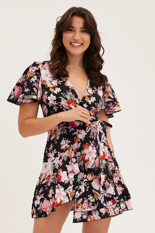 Black Floral Wrap Mini Dress