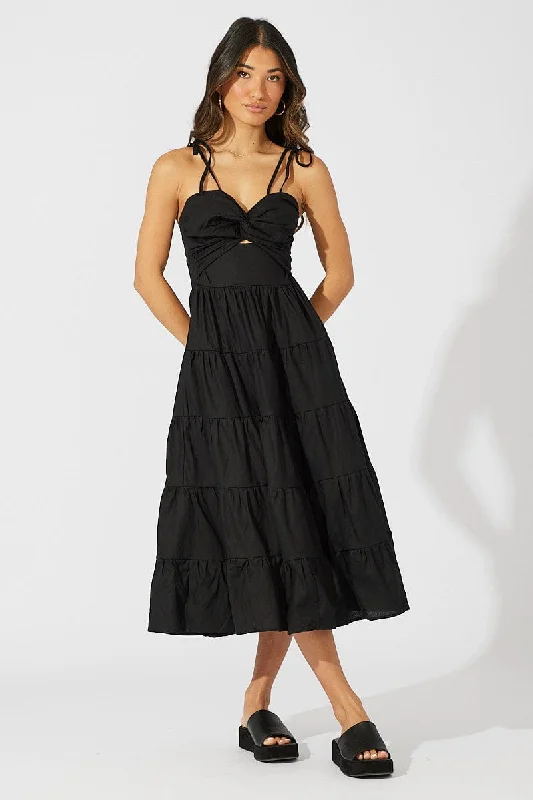 Black Midi Dress Sleeveless Tiered Twist Front