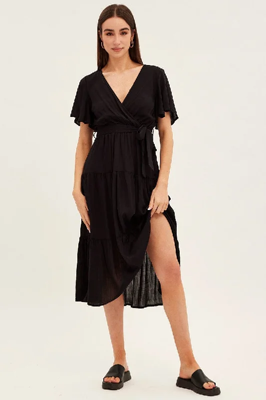 Black Tie Waist Tiered Midi Dress