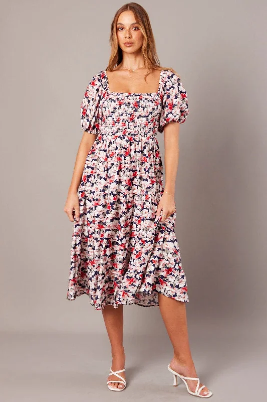 Elegant Women's Evening Garments Blue Floral Midi Dress Puff Sleeve Shirred Bust