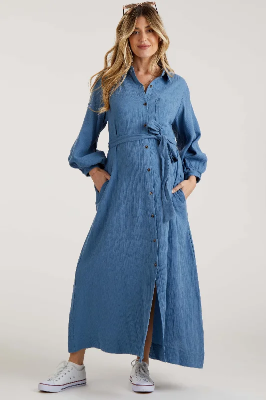 Blue Gauze Belted Shirt Maternity Midi Dress