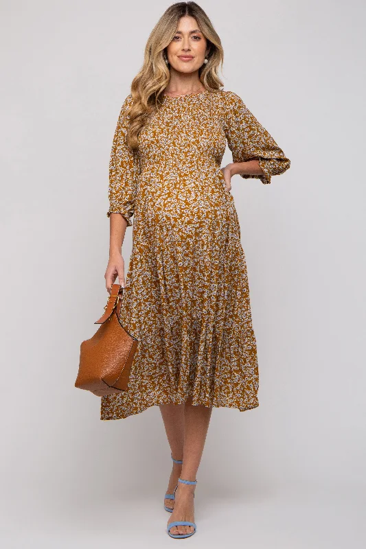 Camel Floral Smocked 3/4 Sleeve Maternity Midi Dress